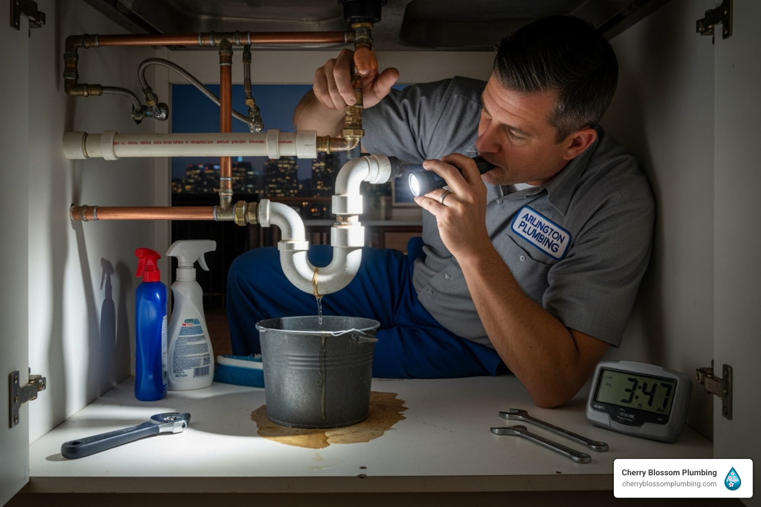 Plumber inspecting pipes under sink with flashlight and collecting water
