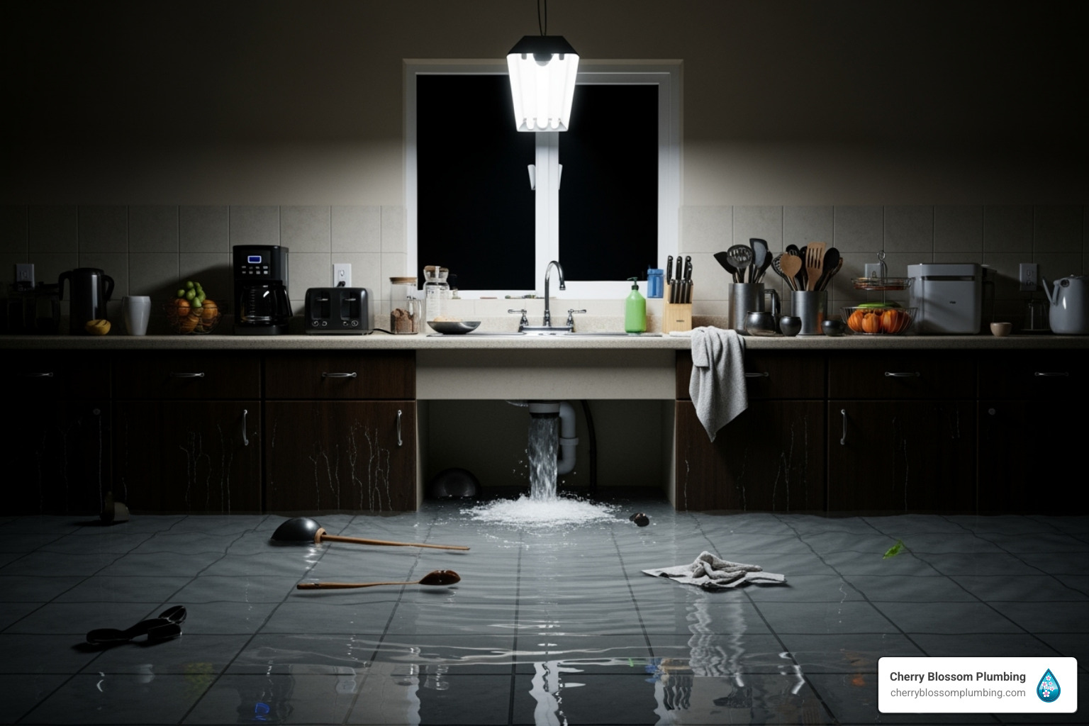 Flooded kitchen with water gushing from sink, highlighting plumbing emergency