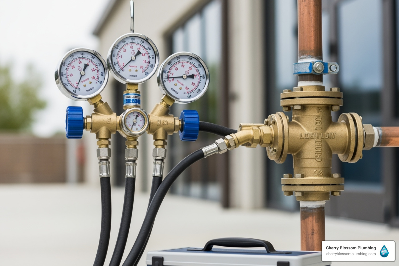 Pressure gauges and valves on copper pipes with blue connections
