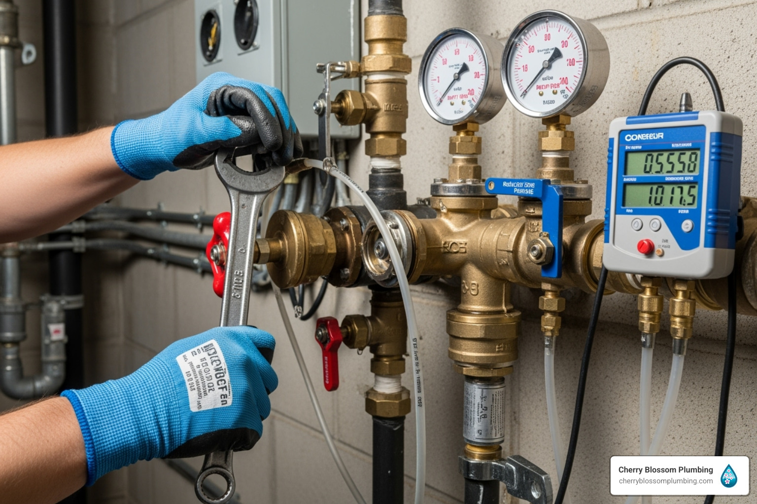 Technician adjusting valves and checking pressure gauges on plumbing system