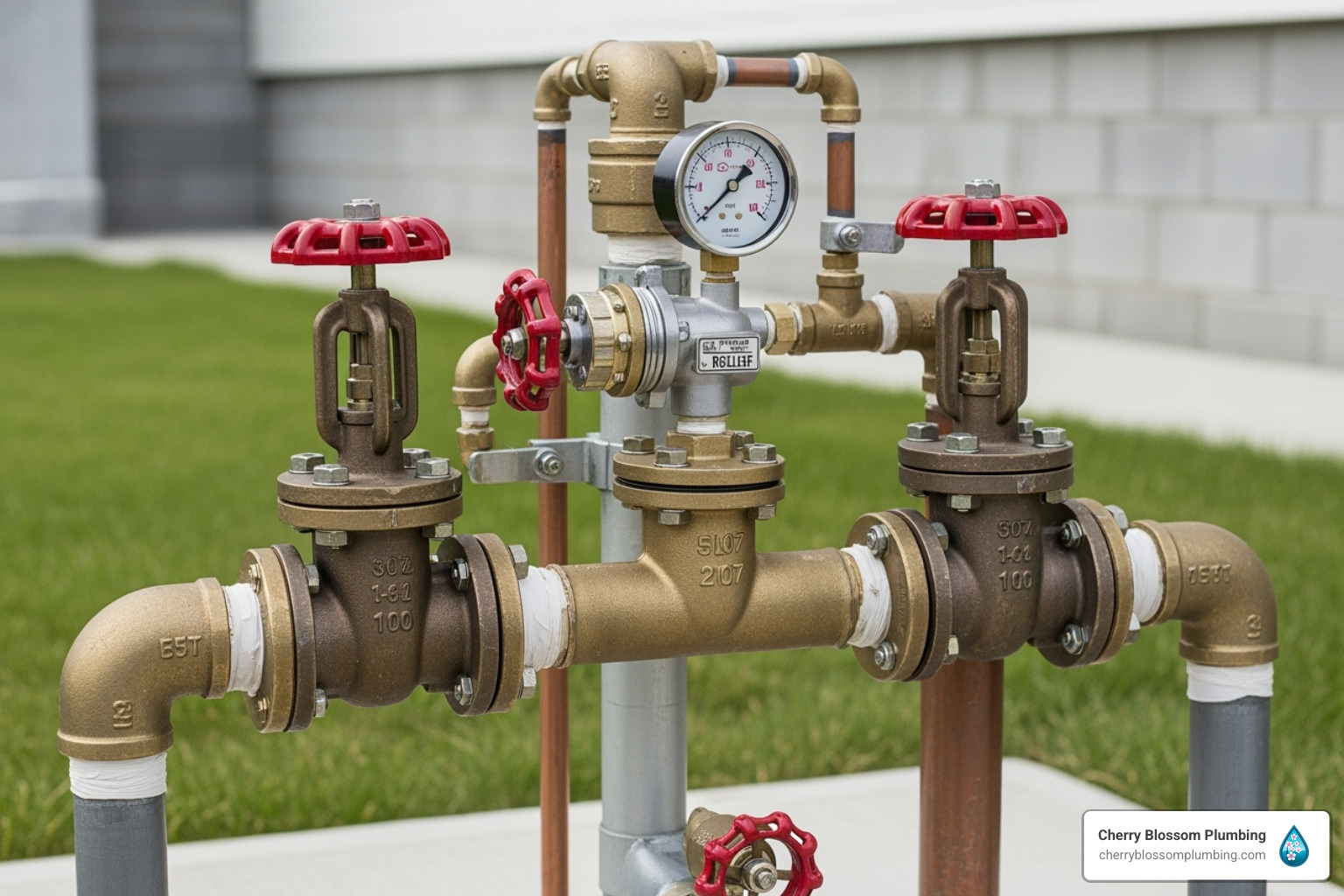 Industrial plumbing valves and pressure gauge on copper and brass pipes