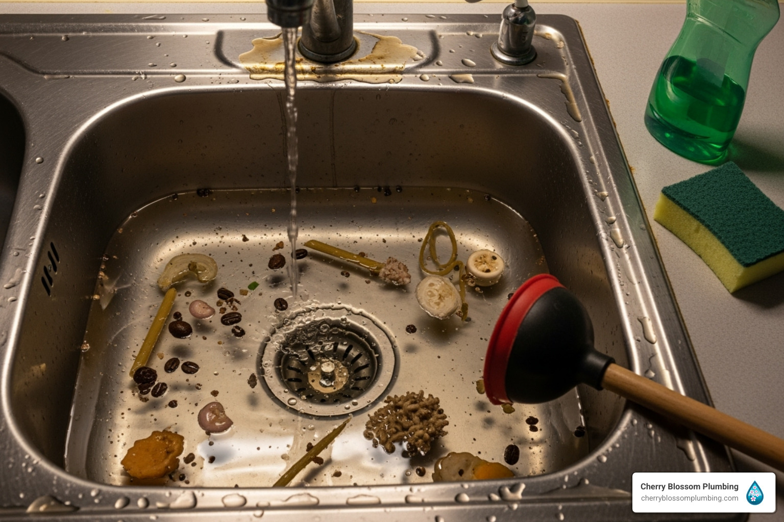 Dirty kitchen sink with coffee grounds, water running, and plunger