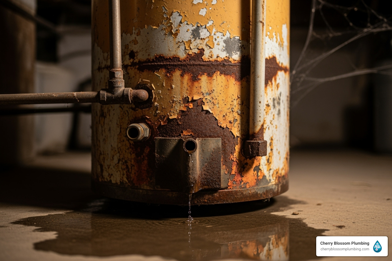 Rusty water heater leaking with peeling yellow and rust-colored paint