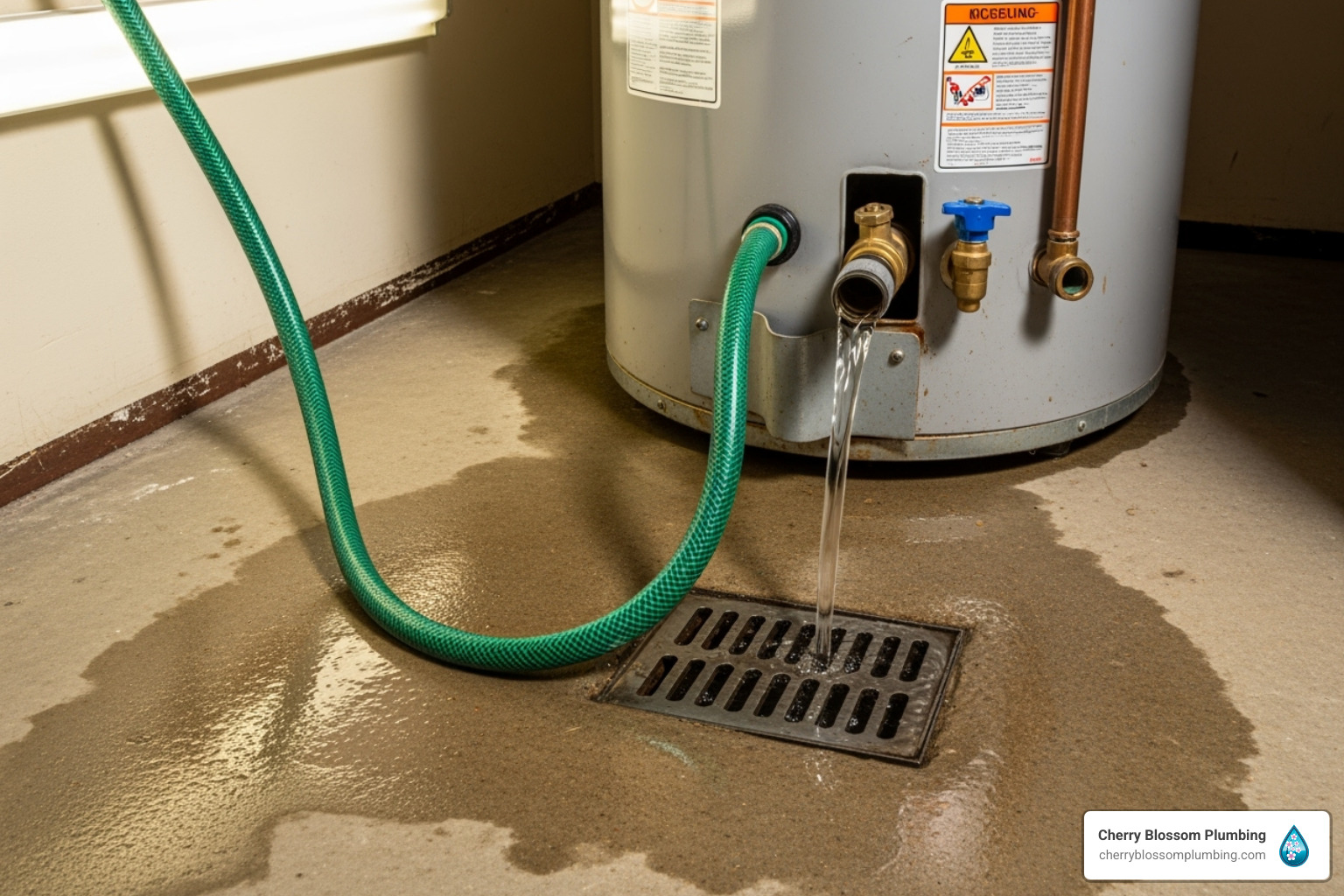 Water heater leaking with green hose and water draining into floor drain