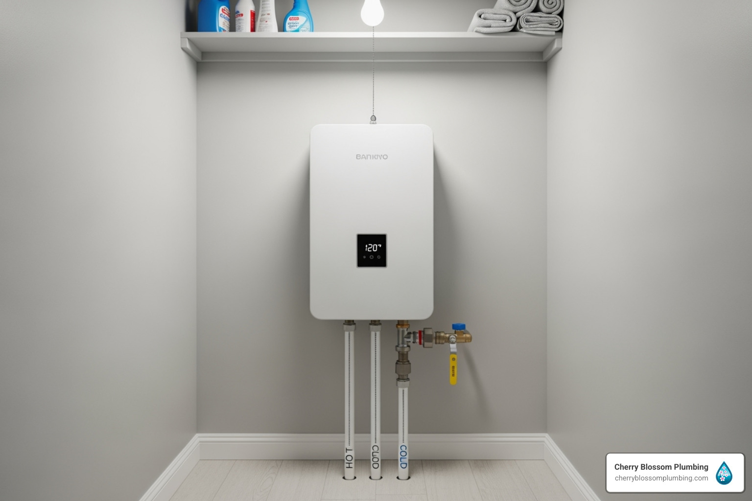 Modern white tankless water heater mounted on bathroom wall with pipes