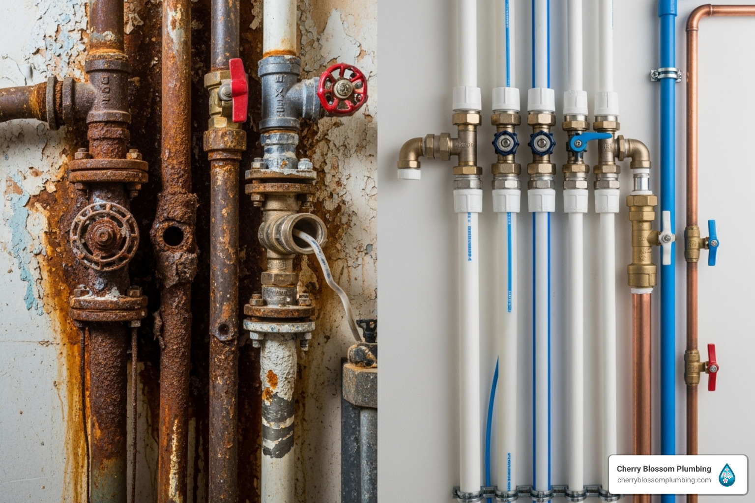 Rusty old pipes contrasted with new clean plumbing pipes