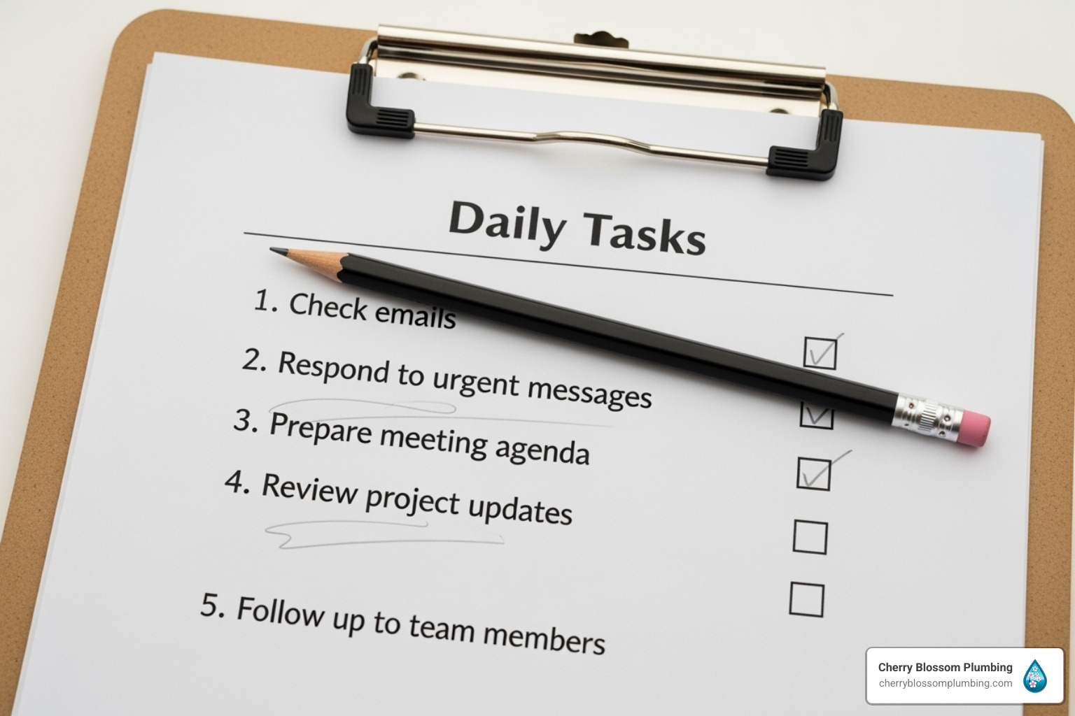Daily tasks checklist with pencil on clipboard showing work priorities