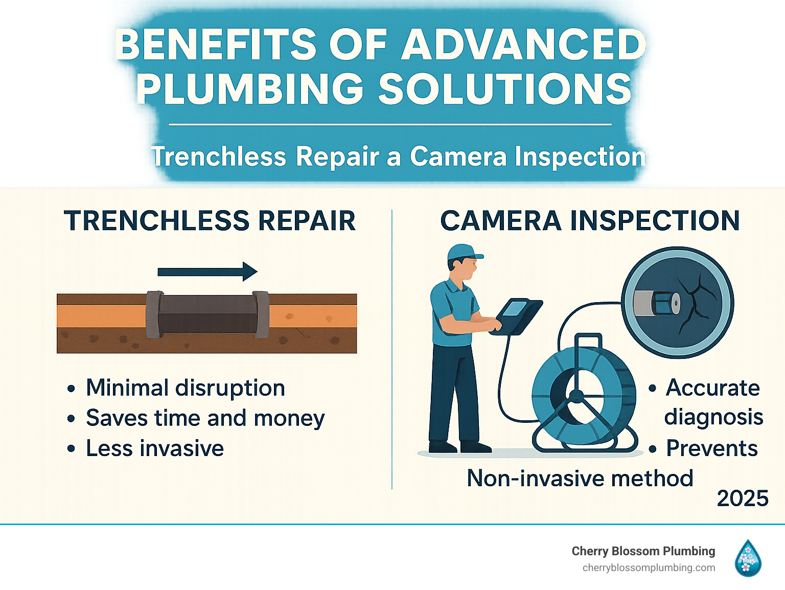 Infographic showing benefits of trenchless repair and camera inspection in plumbing