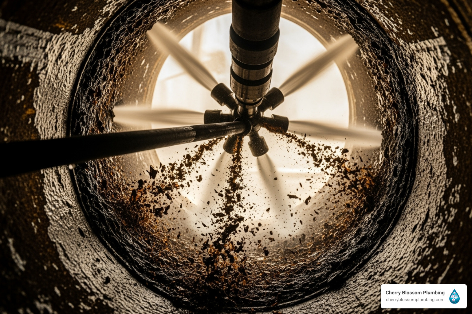 Drilling through pipe with scattered debris and bright light