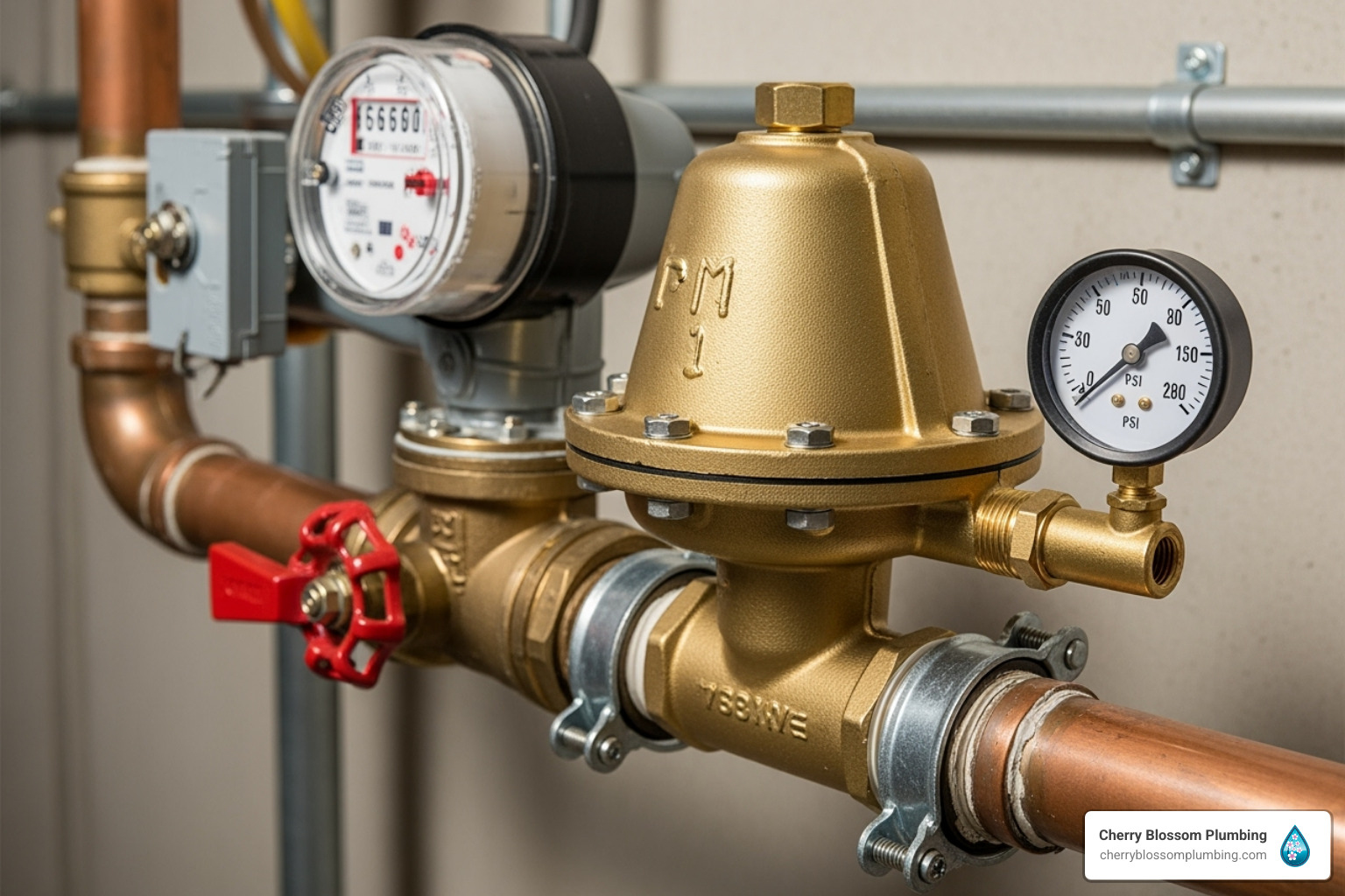 Brass water pressure regulator with gauges and copper pipes