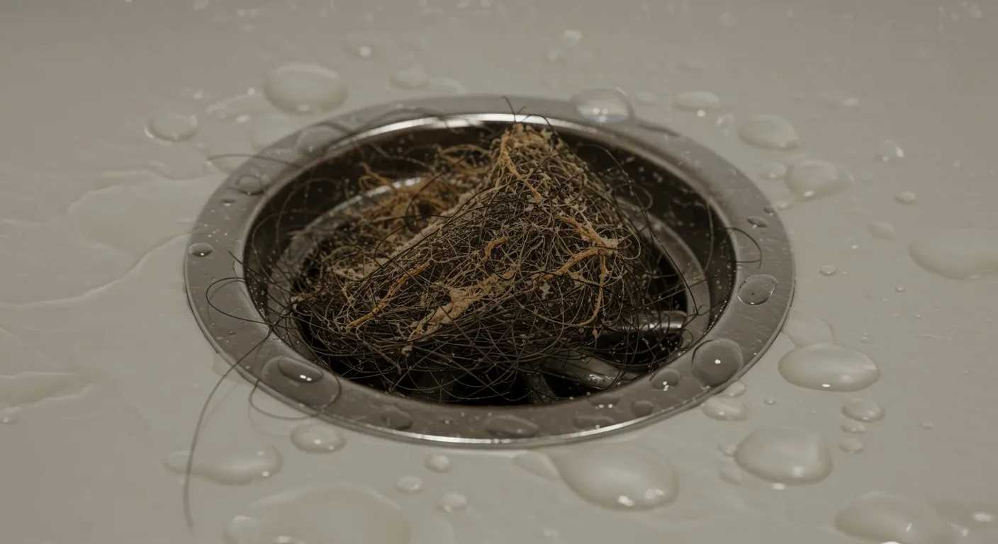 Tangled hair clump clogging a shower drain with water droplets