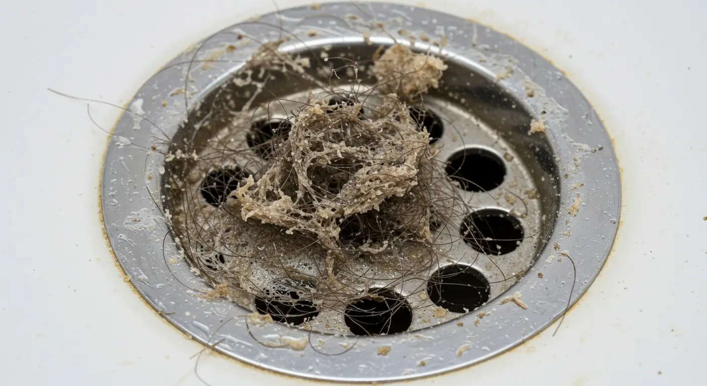 Clogged shower drain filled with tangled hair and debris