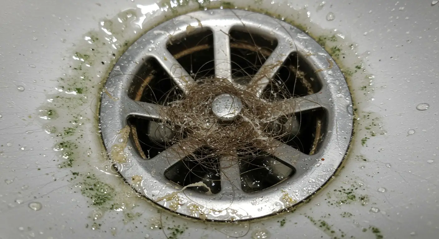 Wet drain cover with hair clump, water droplets, and grime around edges