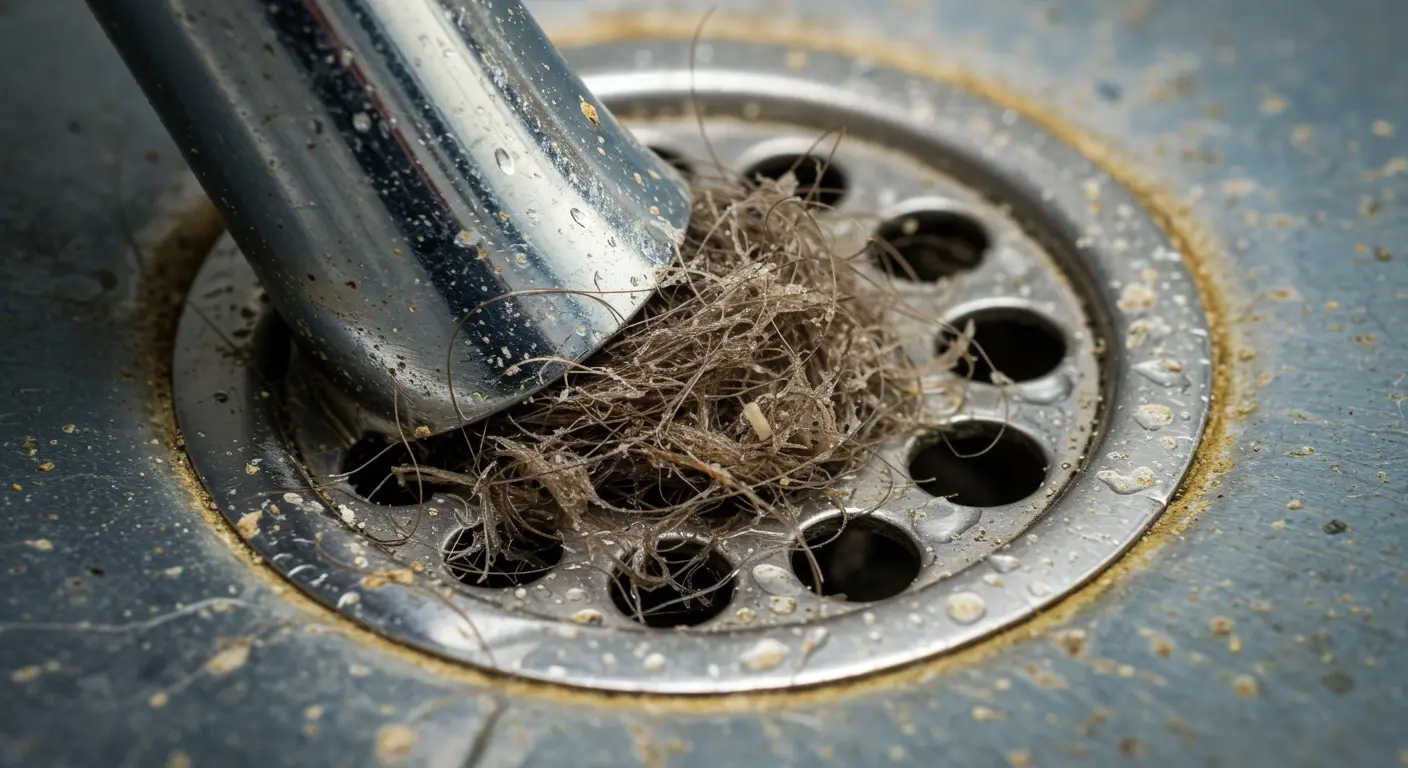 Hair and debris clogging a shower drain with water droplets