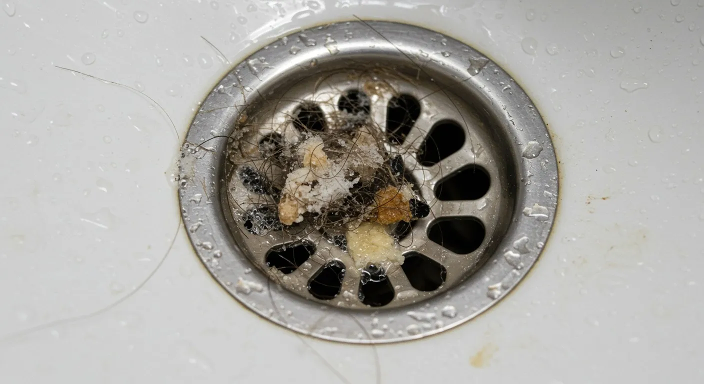 Clogged shower drain with hair and grime blocking water flow