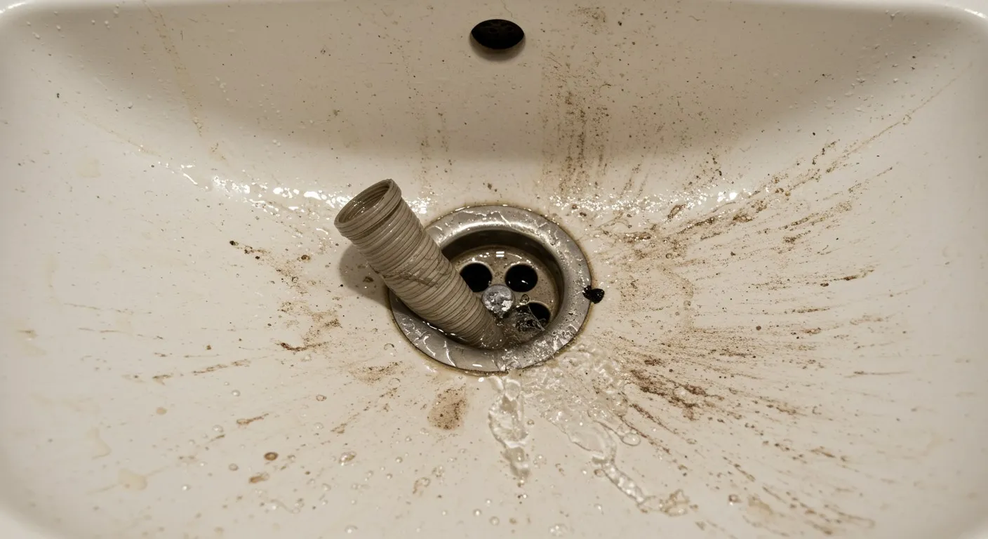 Dirty sink drain with flexible pipe and water droplets