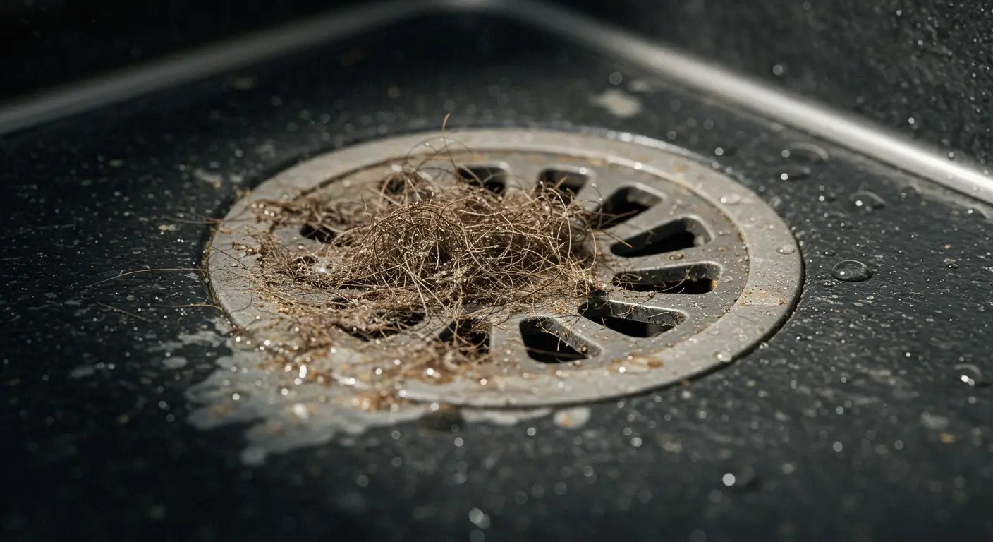 Hair clump clogging a shower drain with water droplets around