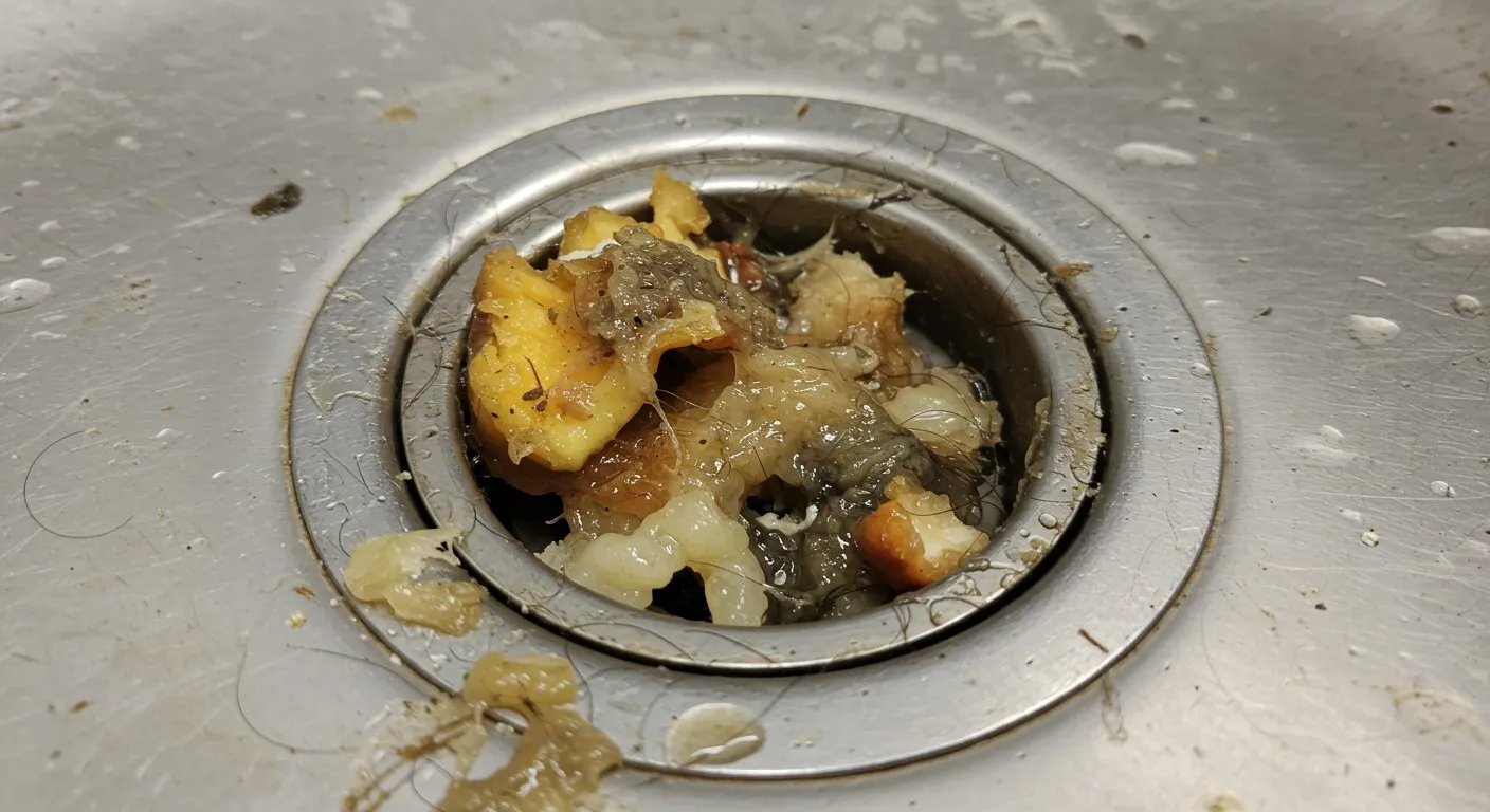 Food waste and scraps clogging a kitchen sink drain