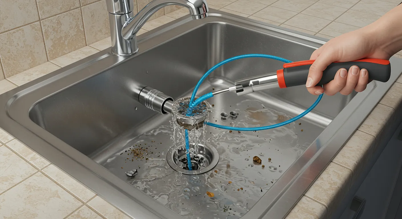 Drain snake tool clearing clogged kitchen sink with blue flexible cable