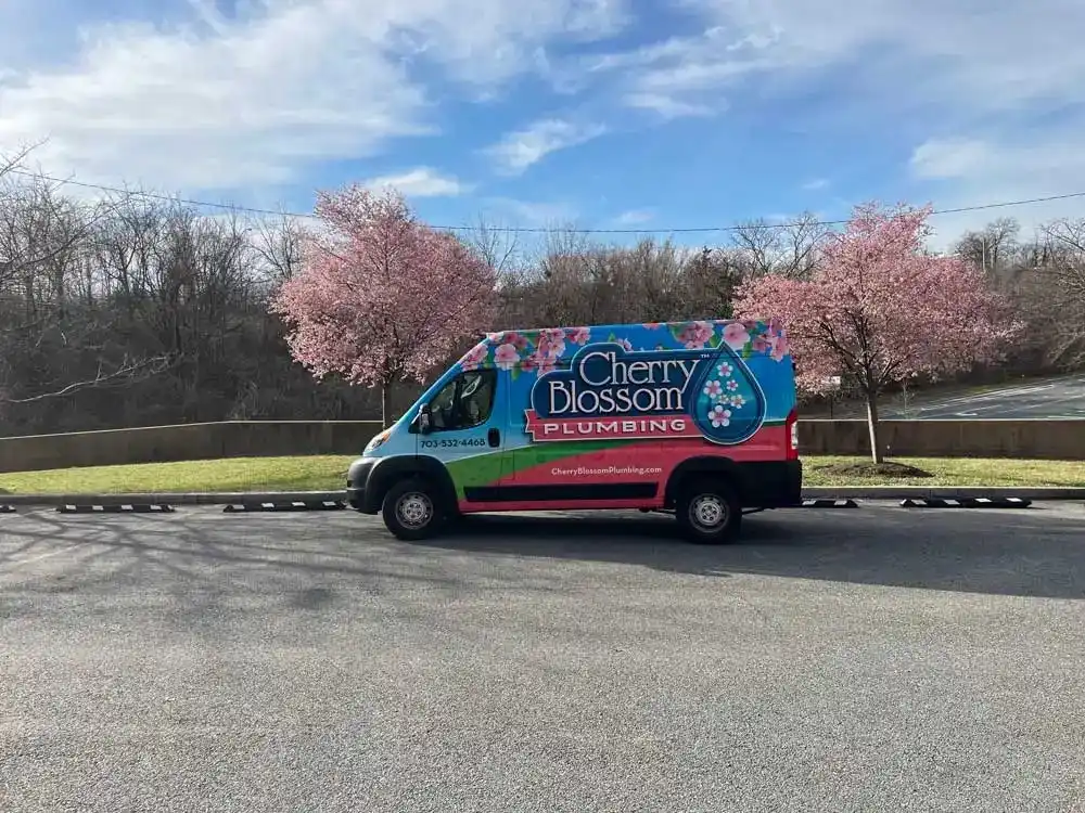 Cherry Blossom Plumbing van parked near pink flowering trees