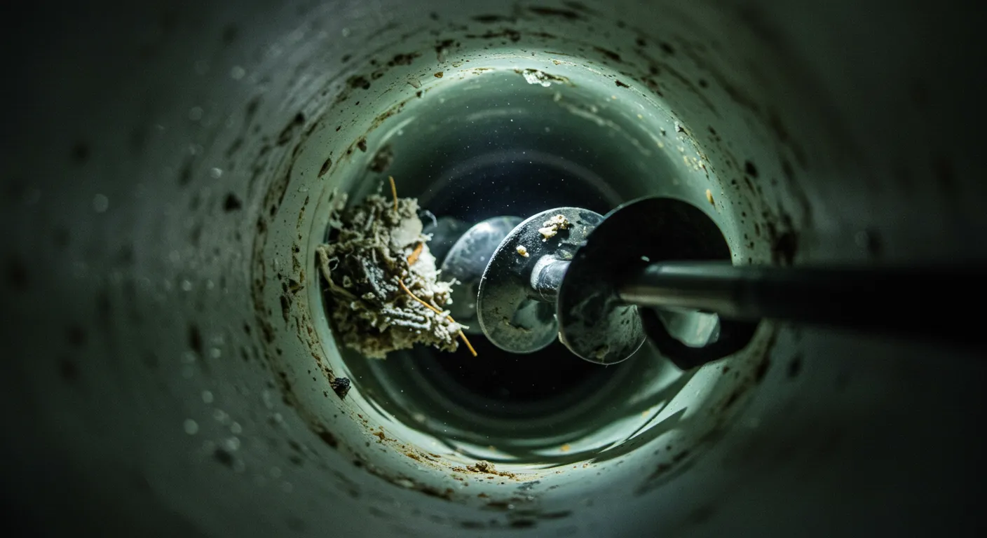 Close-up of a dirty drain pipe with water and debris inside