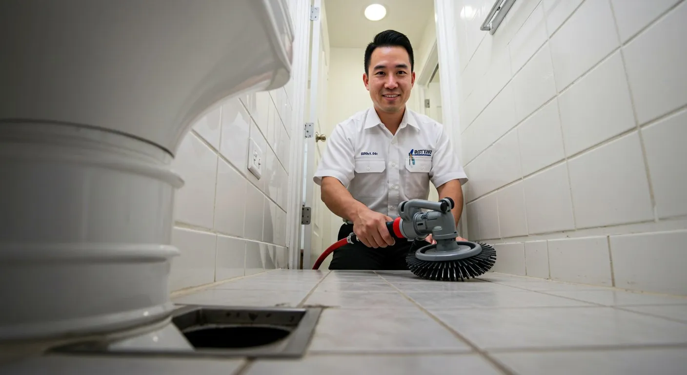 Professional cleaning technician using orbital floor scrubber in tiled bathroom