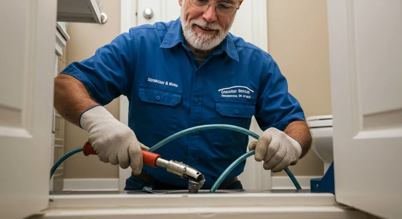 Technician in blue uniform bending green hose with gloved hands