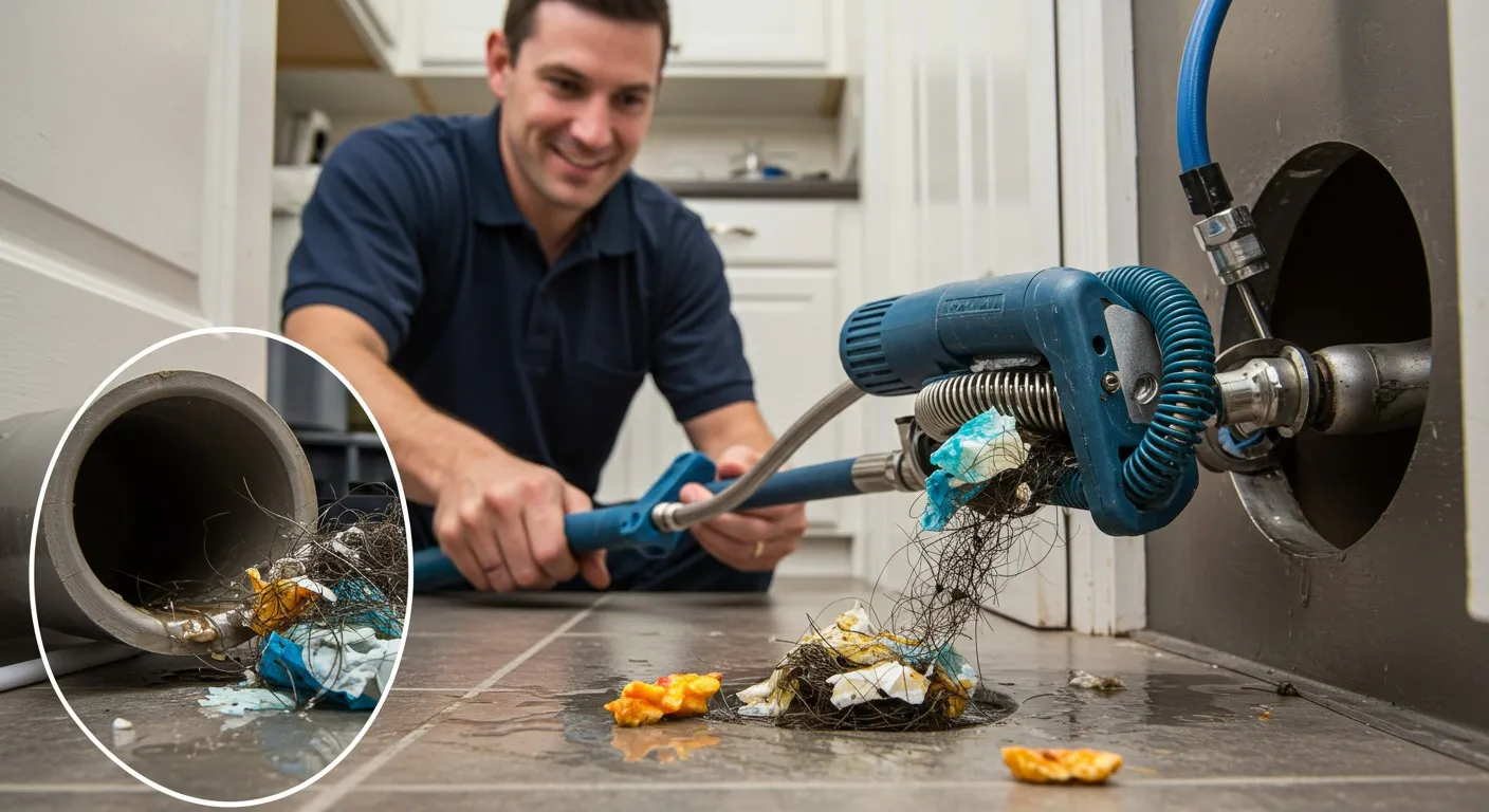 Plumber using drain snake to remove hair and debris from clogged pipe