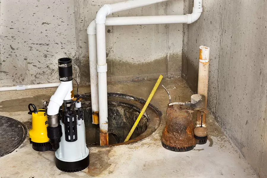 Sump pump and pipes in a concrete basement with rusty equipment