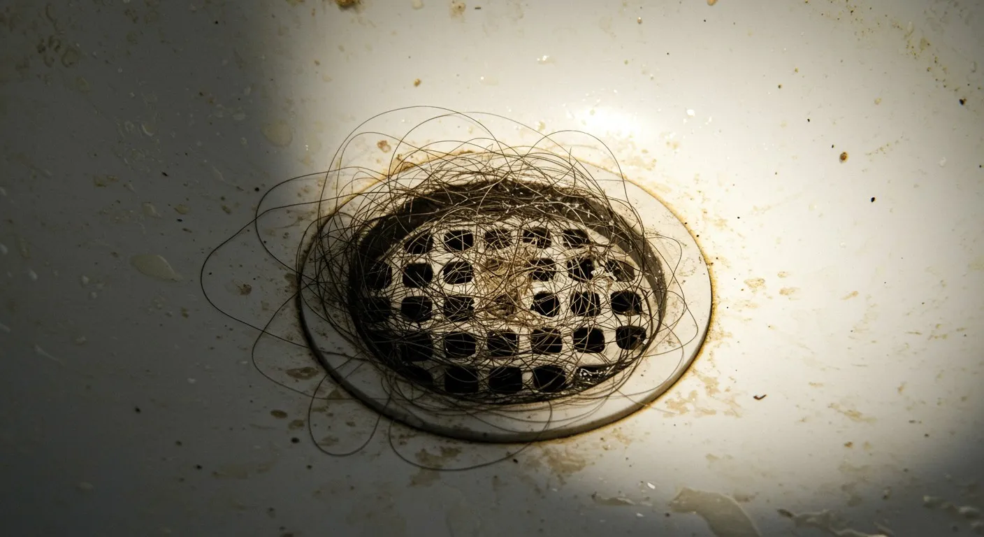 Tangled hair clogging a drain, creating a messy circular pattern
