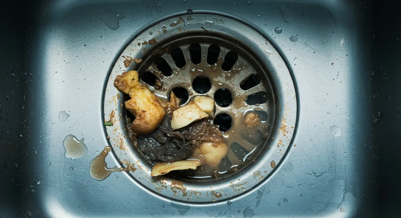 Food scraps and debris clogging a kitchen sink drain