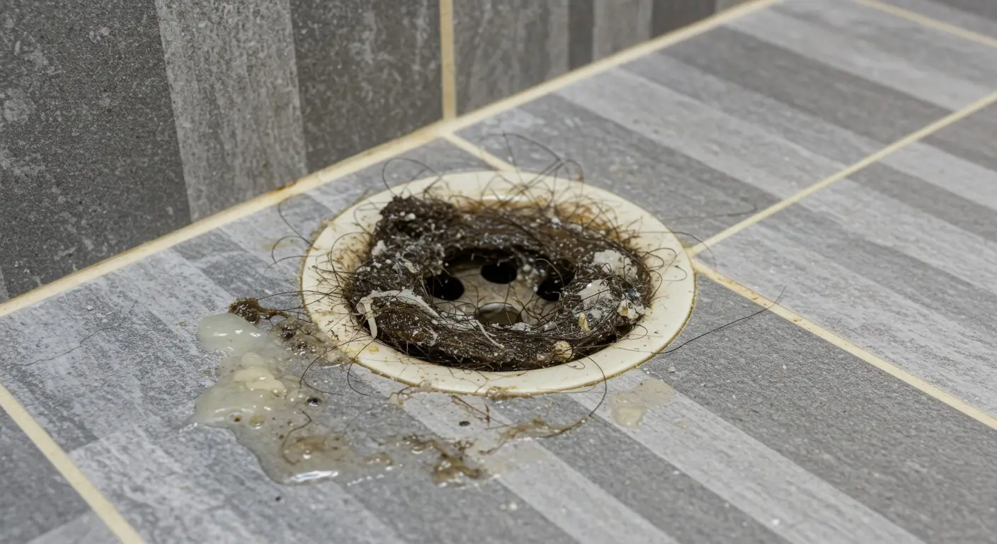 Clogged shower drain filled with hair and grime