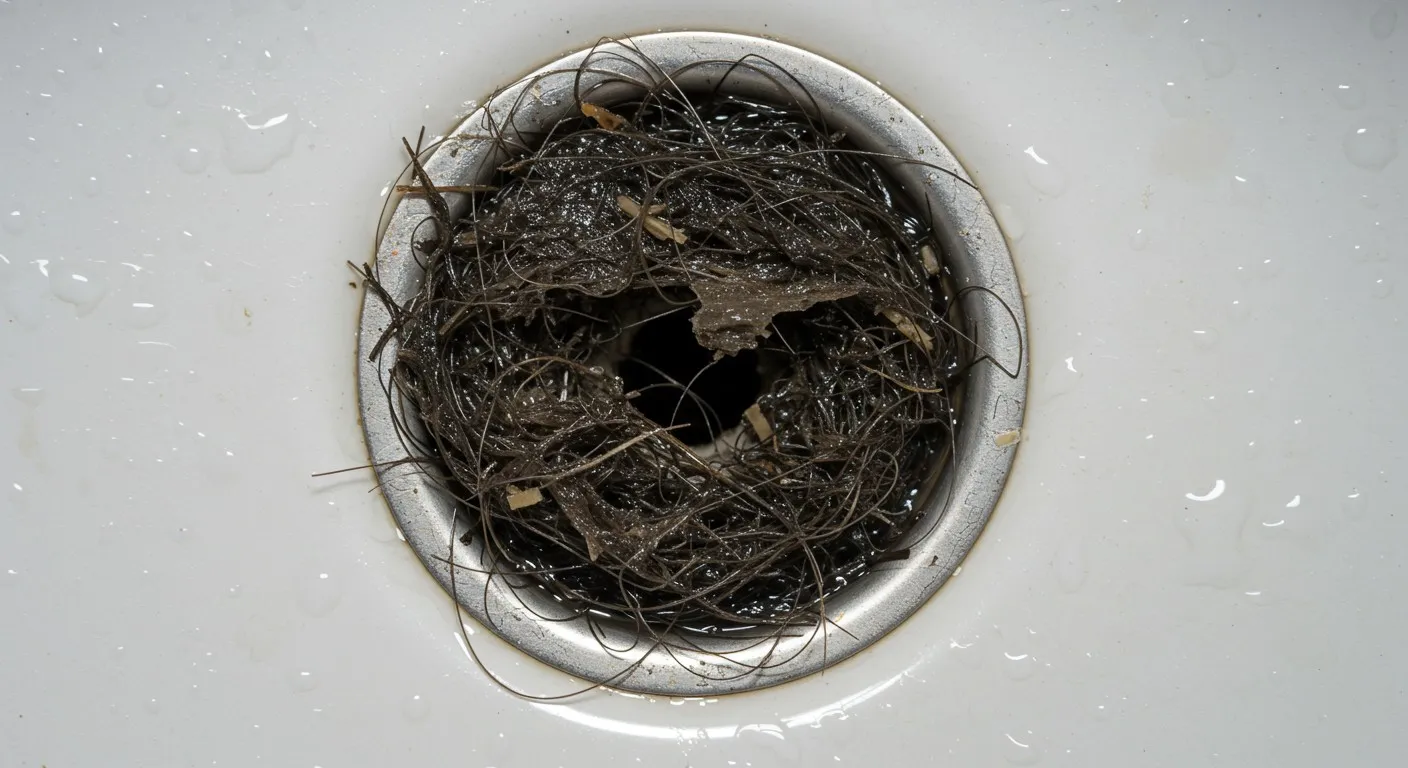 Tangled hair and debris clogging a shower drain