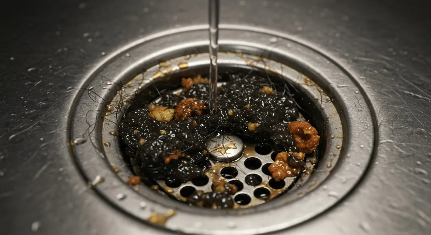 Water washing food debris down a kitchen sink drain