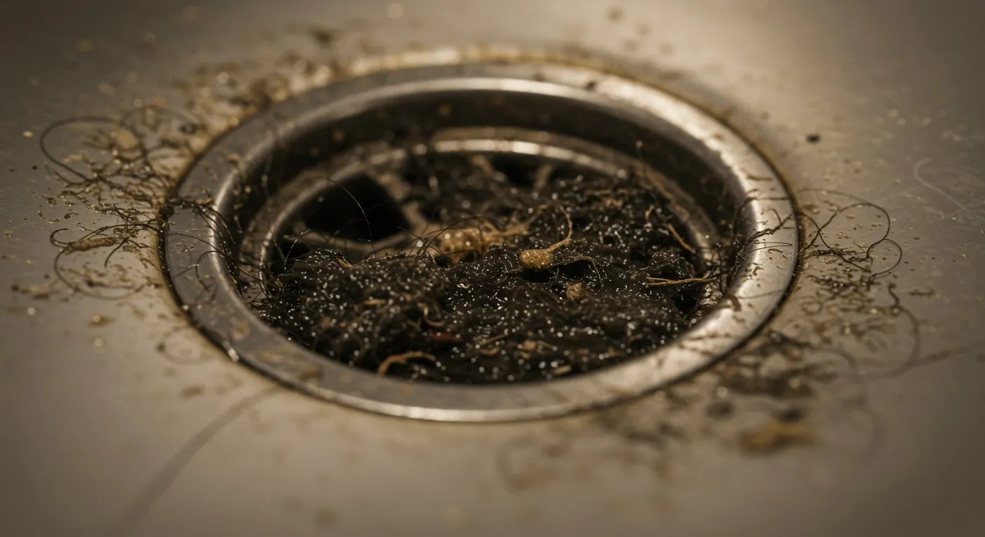 Clogged drain with hair and debris in circular metal sink opening