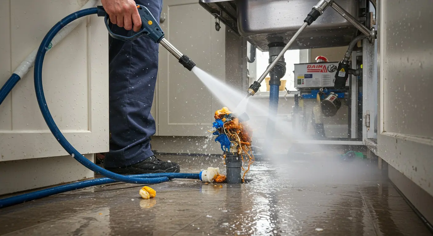 Pressure washer cleaning debris from floor near industrial equipment