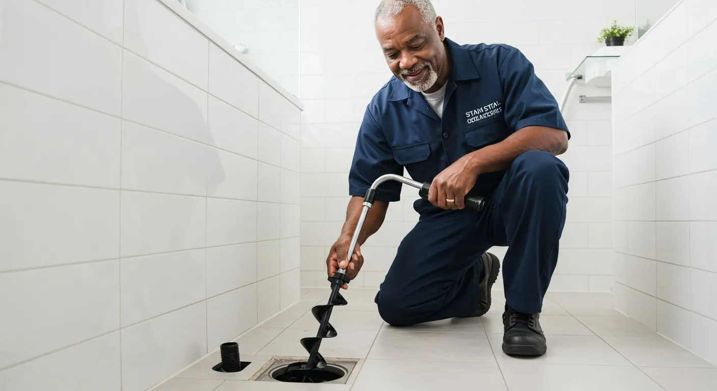 Plumber in blue uniform using drain snake to clear bathroom floor drain