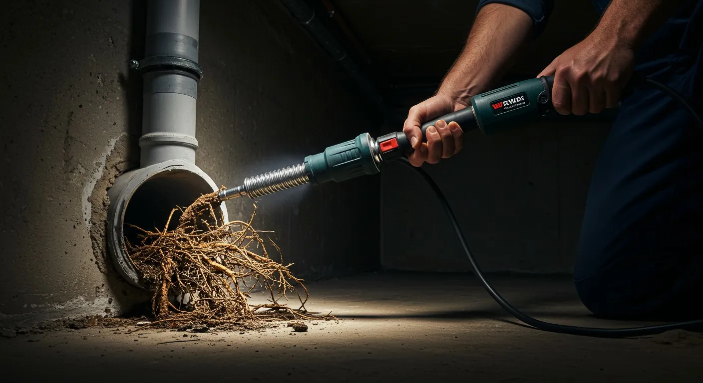 Power tool clearing roots from drainage pipe with precision and light
