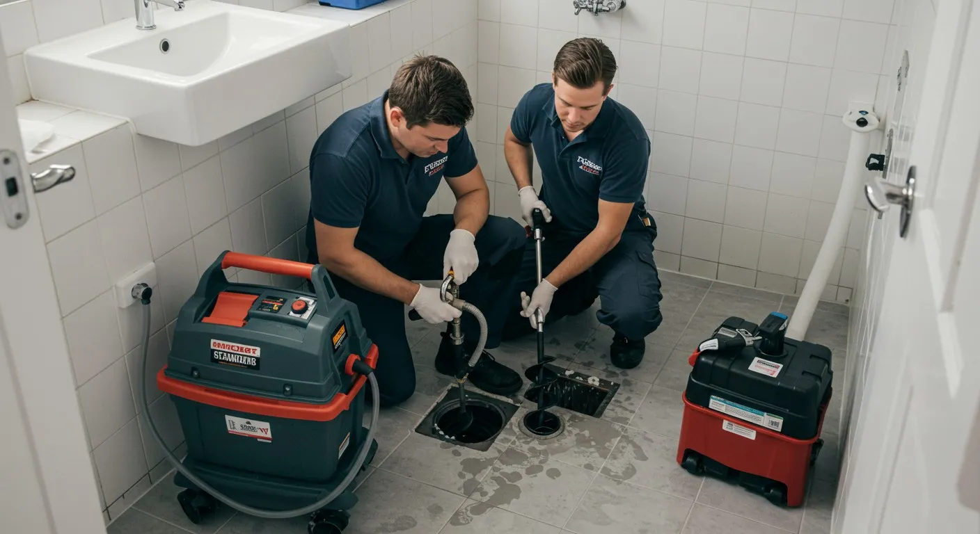 Plumbers using industrial equipment to repair drainage system in tiled bathroom