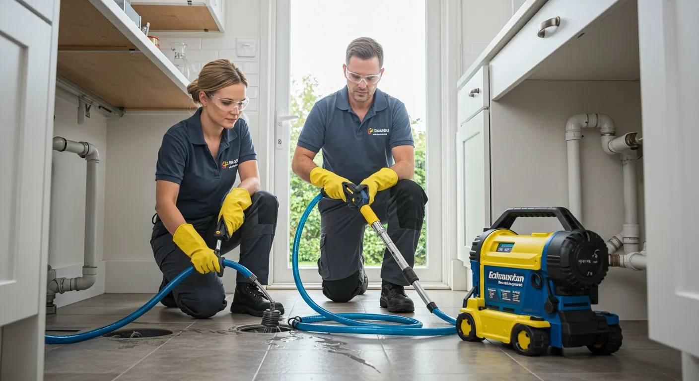 Two technicians cleaning with professional equipment in a bathroom