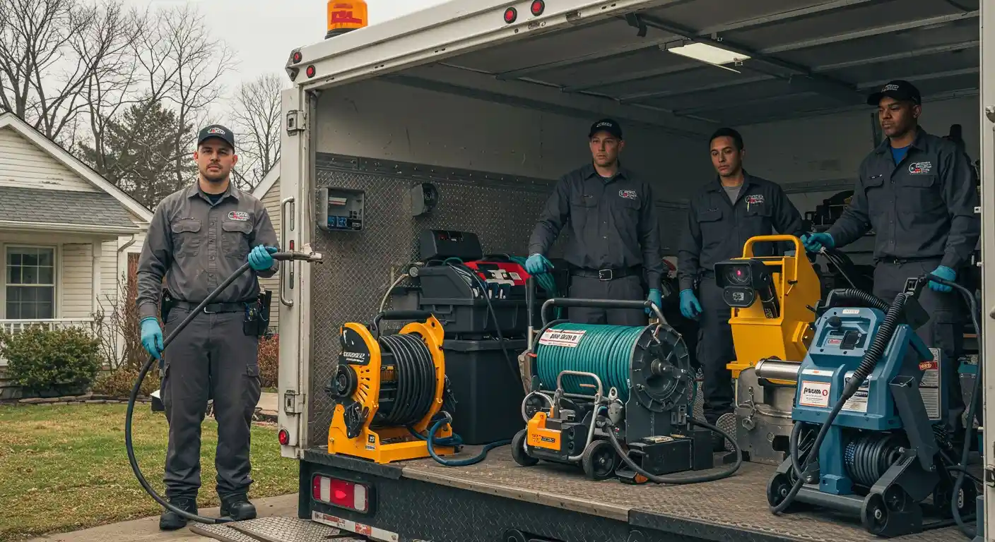 Professional cleaning crew with equipment standing near service truck