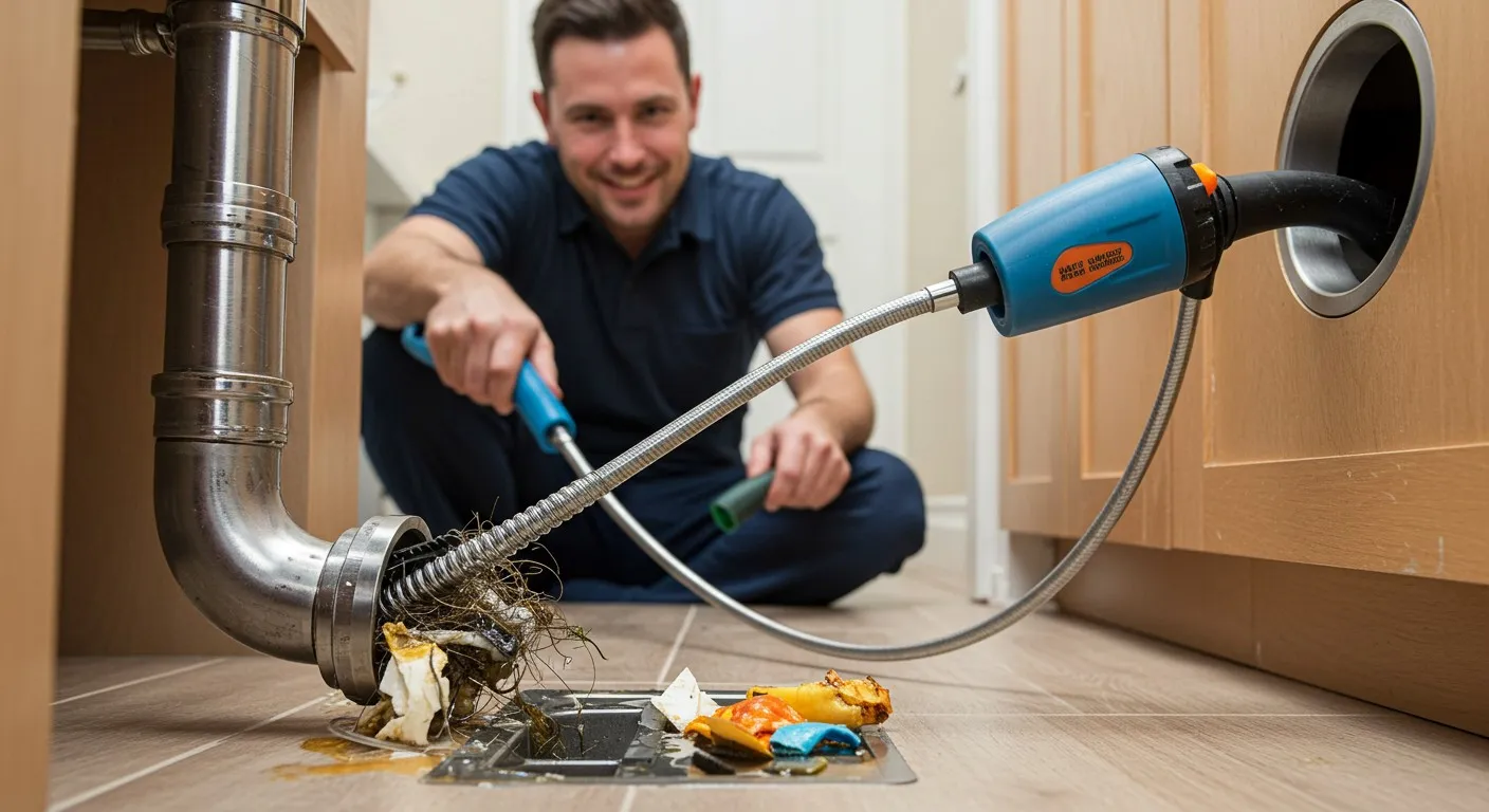 Plumber using drain snake to clear clogged pipe with food debris