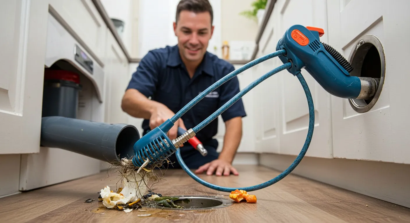 Plumber using drain snake to clear clogged pipe with debris
