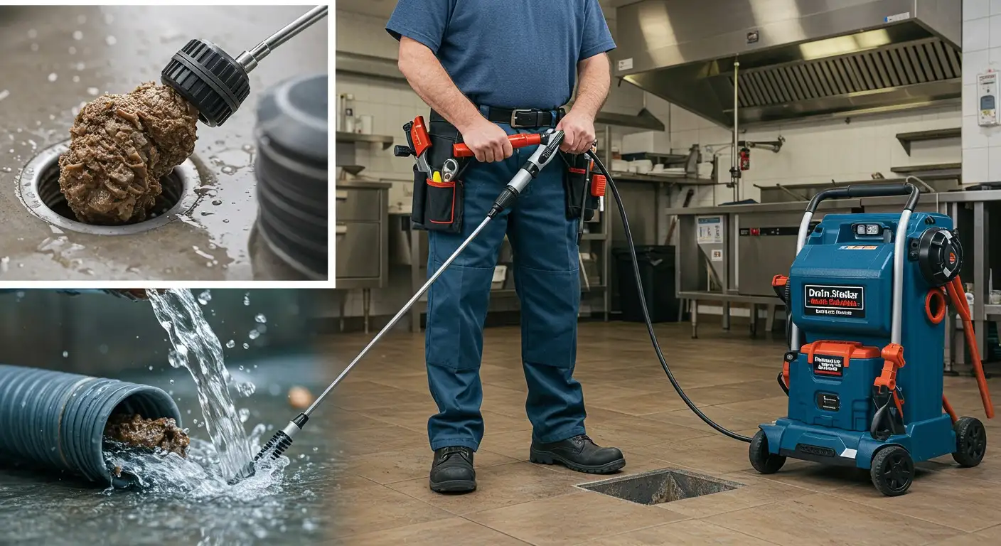 Professional drain cleaning technician with high-pressure water jetting equipment