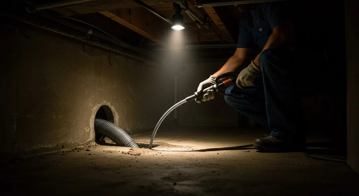 Worker uses vacuum in dimly lit basement near floor drain