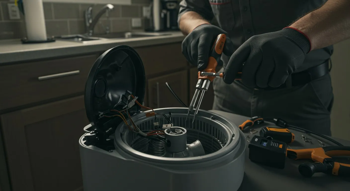 Technician repairing complex mechanical device with specialized tools