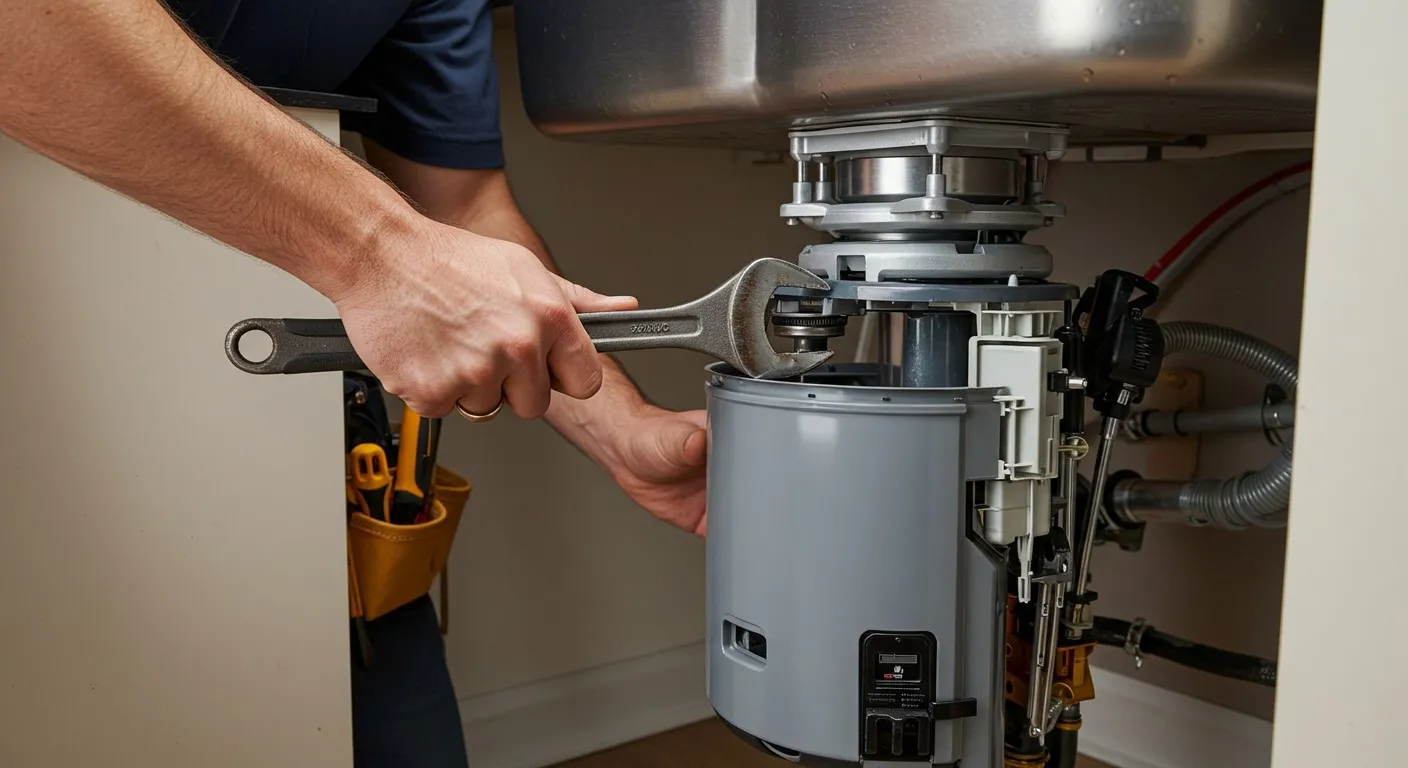 Technician repairing water heater with wrench under kitchen sink