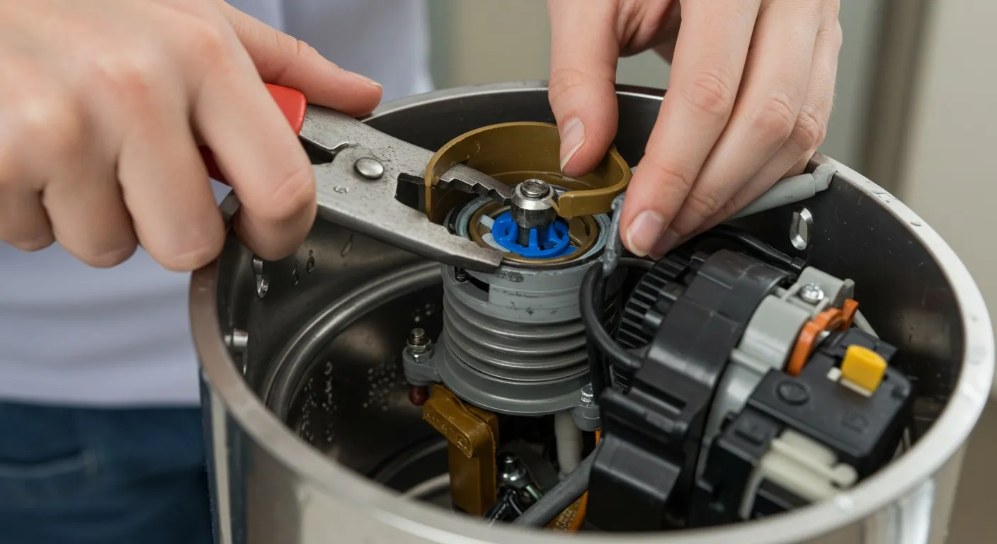 Hands repairing complex mechanical device with wrench and precision