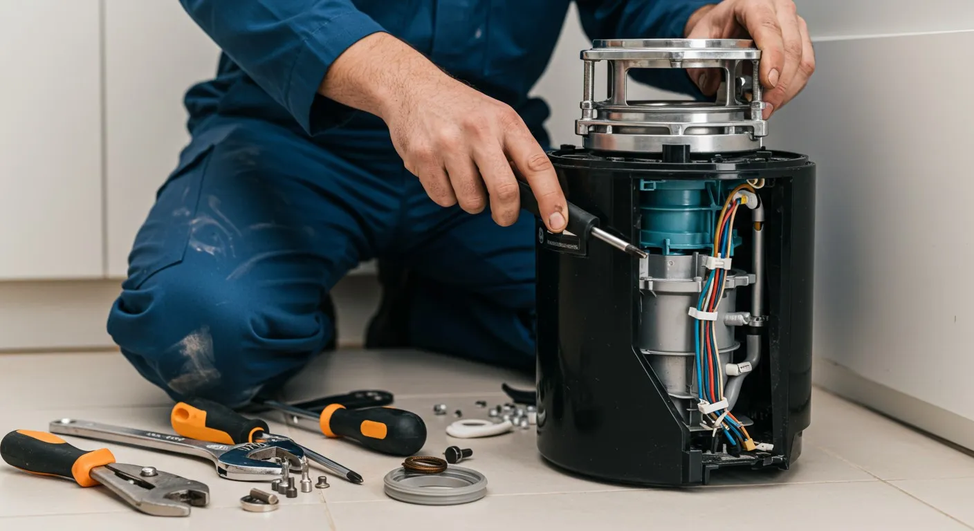 Technician repairing complex mechanical device with tools nearby