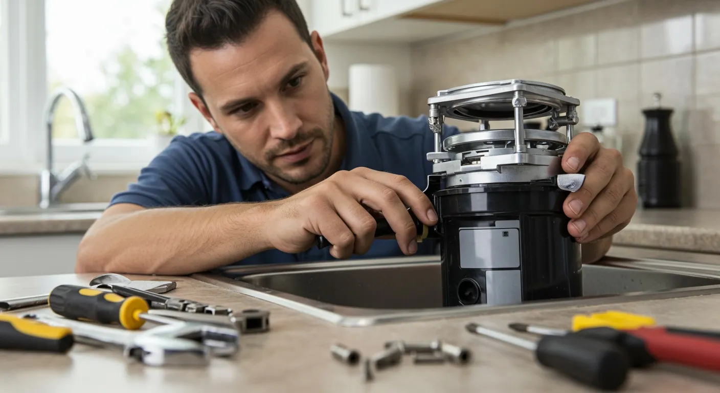 Person carefully repairing a complex mechanical device with tools in kitchen